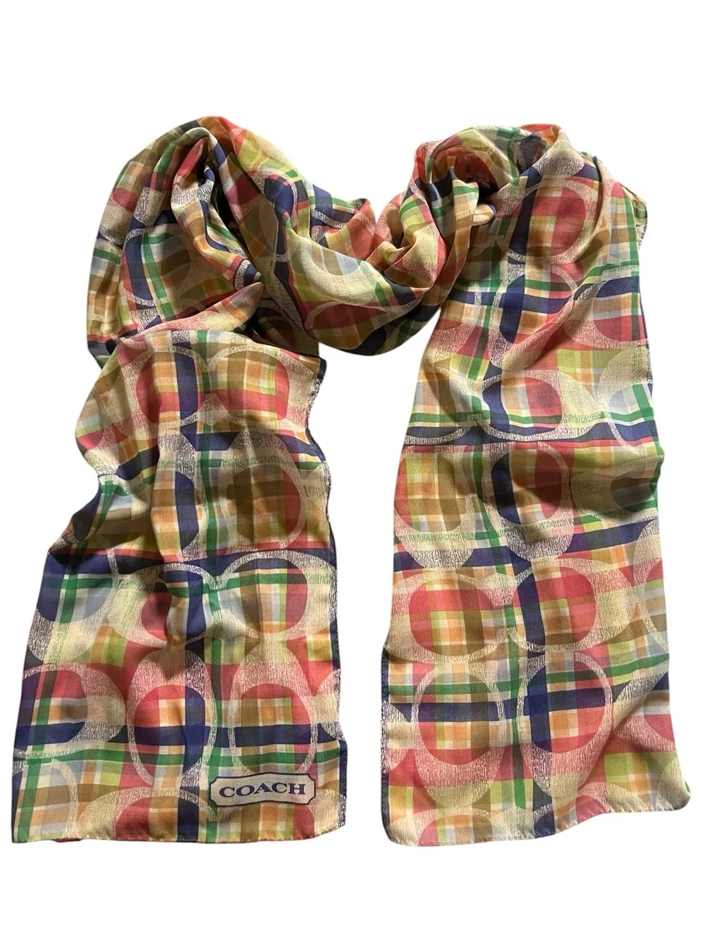 Coach Multi Signature Madras Plaid Stripe Oblong Wrap Scarf